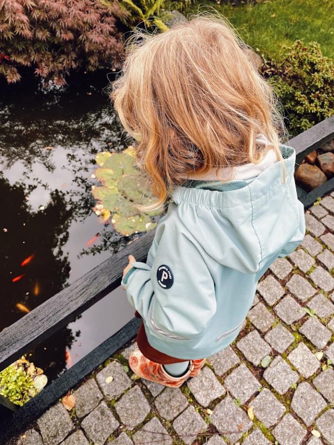 Pige der nysgerrigt kigger ned i en dam med fisk