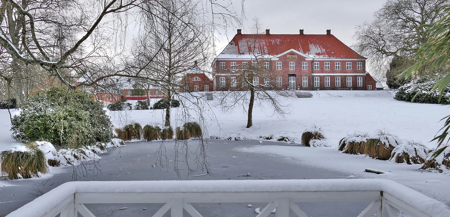 Hindsgavl Slot smukt beliggende i det sneklædte landskab