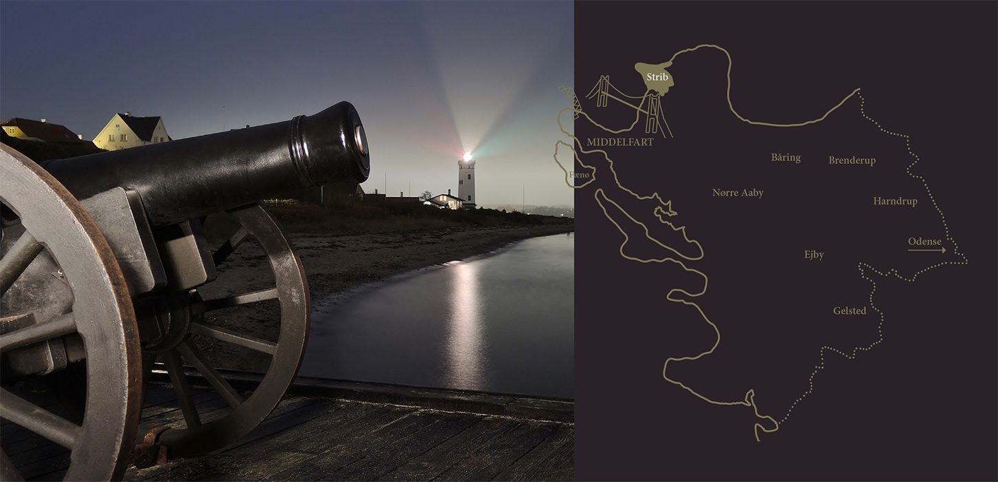 Nordenbro med kanoner og Strib Fyr i baggrunden