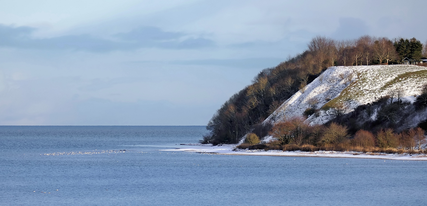 Smuk solskin over sneklædt Røjle Klint i Middelfart