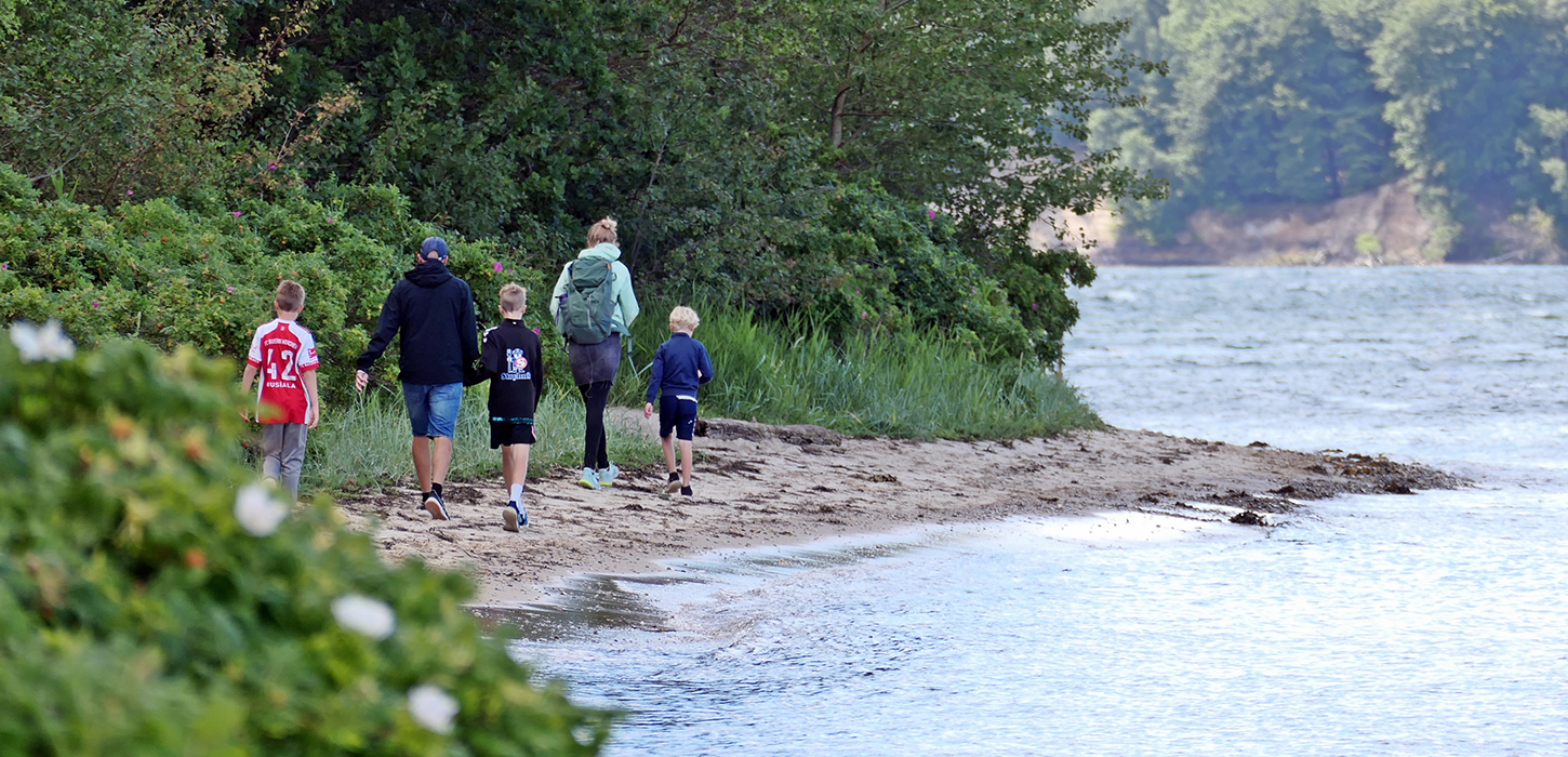 Stranden ved Søbadet i Middelfart - familie på vandretur