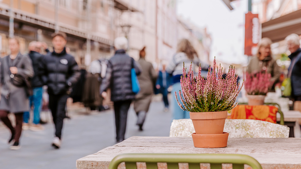 Efterårsstemning i gågaden i Middelfart med folk der shopper